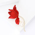 Red Matte Tulip Brooch Pearl Drop Rhinestone Gold Stem view 4