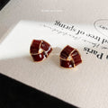 Gold Rim Wine Red Enamel Woven Geometry Stud Earrings view 4