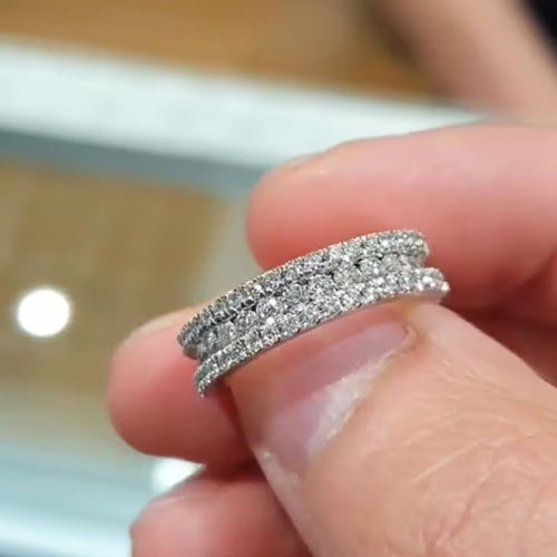 Double row pave band ring angled close-up showing two crystal rows
