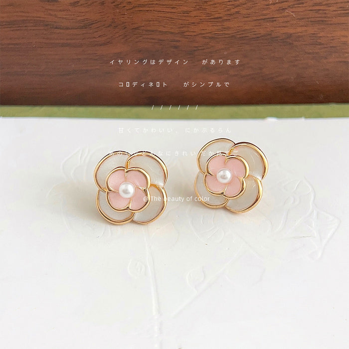Gold Pink White Enamel Camellia Pearl Stud Earrings