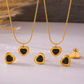 Gold Heart Black Acrylic Center Stud Earrings And Necklace view 2