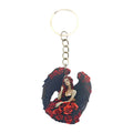 Dark Angel Red Roses Black Wings Wood Keychain Gold Ring view 5