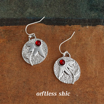 Silver Textured Disc and Leaf Earrings with Red Cabochons