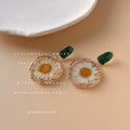 Dark Green Top Clear Disc And White Daisy Drop Stud Earrings view 3