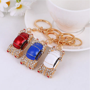 Rhinestone Vintage Car Keychain Gold Clasp Red Blue White