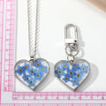 Silver Tone Heart Pressed Blue Flower Resin Keychain and Necklace view 4