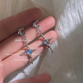 Silver Crescent Moon Drop Earrings Star Blue Cabochon view 4