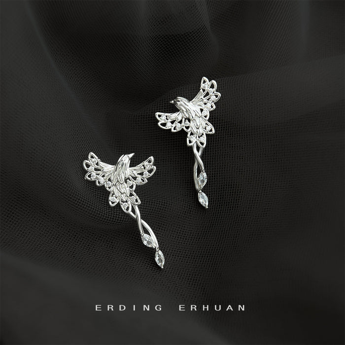 Silver Phoenix Bird Drop Earrings CZ Pave Wing Accents
