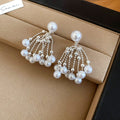 White Pearl And Silver Tone Chain Fringe Drop Earrings view 6