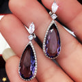 Purple Pear-Shaped Halo Long Drop Earrings In Silver Tone view 3