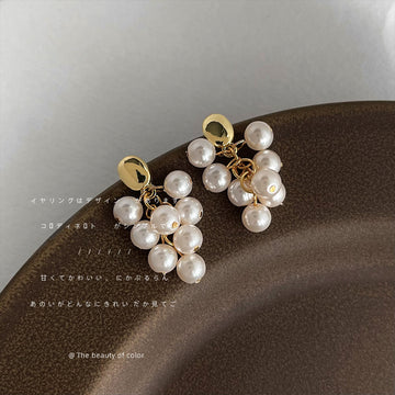 Gold Oval Stud White Pearl Grape Cluster Drop Earrings