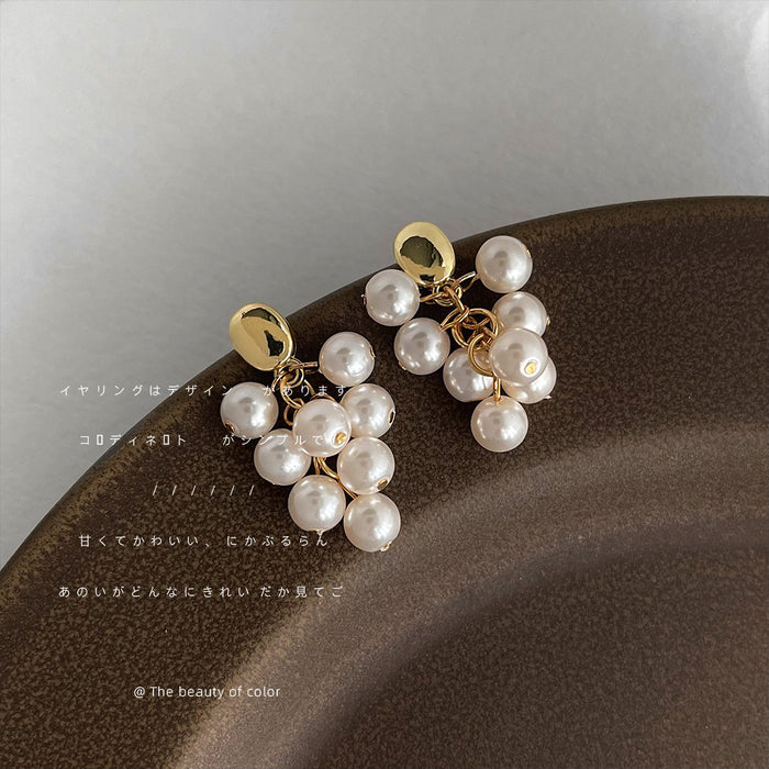 Gold Oval Stud White Pearl Grape Cluster Drop Earrings