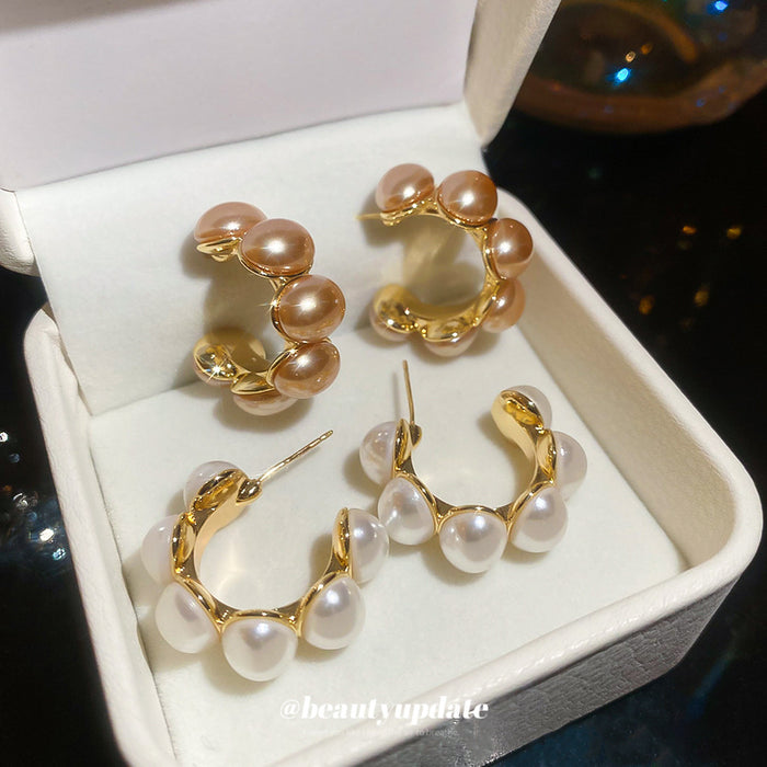 Pair of Metal Tone Champagne Pearl Cluster C-Shaped Stud Earrings