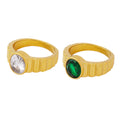 Gold Tone Ribbed Band Ring Clear Or Green Oval Stone view 5