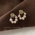 Gold Rose Stud Earrings Freshwater Pearl Open Loop view 1
