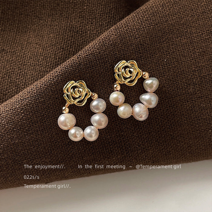 Gold Rose Stud Earrings Freshwater Pearl Open Loop