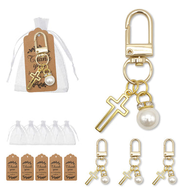 Gold cross pearl lobster charms with organza bags and kraft tags