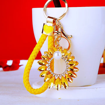 Crystal Sunflower Keychains in Yellow Pink and Braided Loop Options