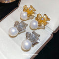 Crystal Flower Stud Earrings With White Pearl Drops view 3