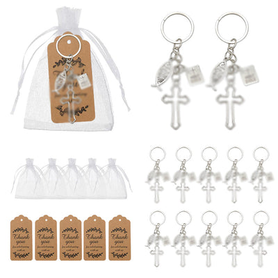 Packaging overview shows the cross dove and Holy Bible keychain with an organza bag and kraft tags.