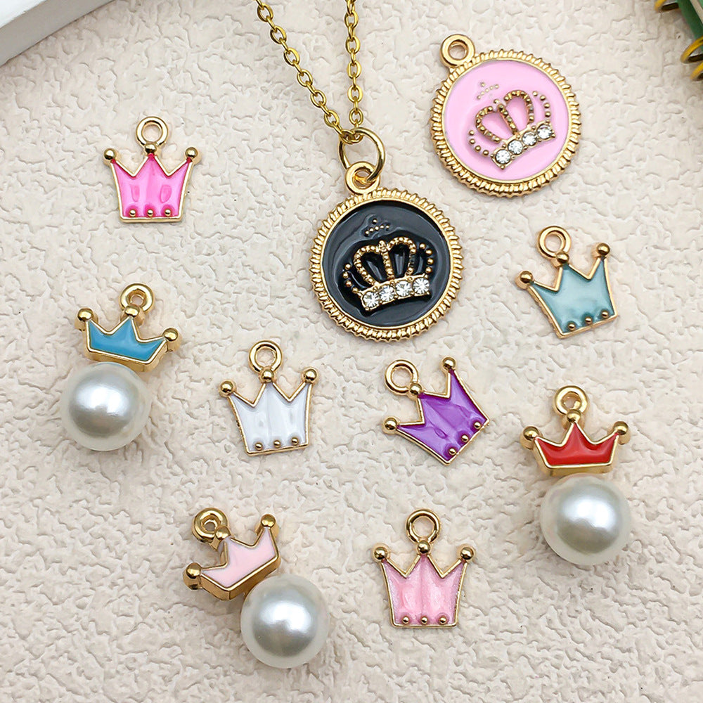 Enamel Zinc Alloy Pearl Crown Charm Pendant for DIY Necklace Keychain Jewelry Making