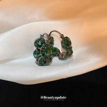 Dark Metal Green Crystal Cluster Huggie Earrings Decorative Jewelry