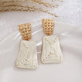 Gold Basketweave Stud Raffia Trapezoid Drop Earrings Magenta view 3