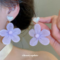 Purple Fabric Flower Drop Stud Earrings With Heart Tops view 1