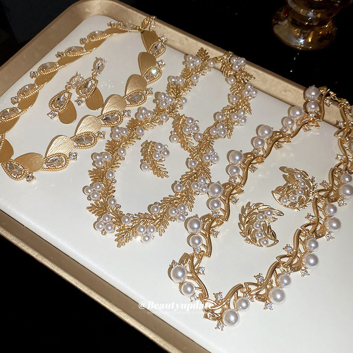 Gold Pearl Leaf Vine Necklaces and Earrings Six Styles