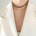 Black Leather Gold Chain Link Bracelet Necklace Mixed Metal Set view 7