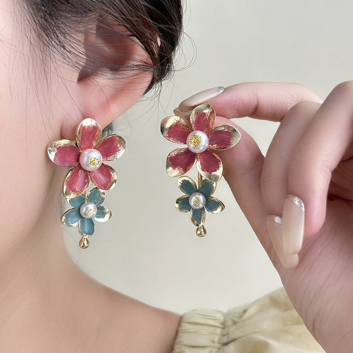 Red and Teal Flower Gold Tone Dangle Stud Earrings