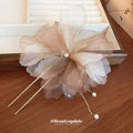 Layered Fabric Flower Double Hairpin With Pearl Like Drop In Five Colors view 4