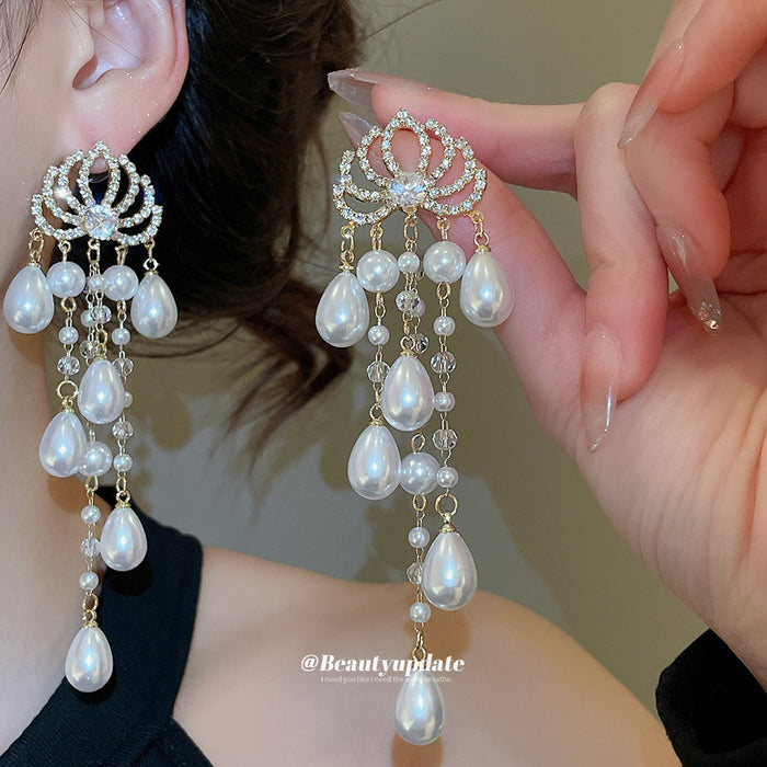 Silver Tone Lotus Chandelier Earrings with Pearl Drops