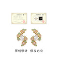 Gold Tone Pink Flower Green Leaf Floral Wreath Stud Earrings view 3