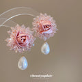 Pink Fabric Flower Stud Earrings With Pearl Drops Statement Pair view 1