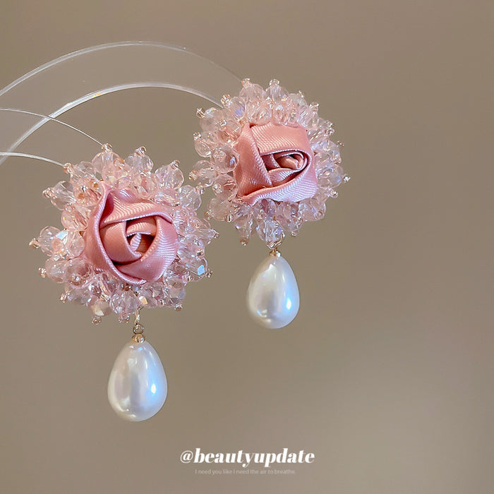 Pink Fabric Flower Stud Earrings With Pearl Drops Statement Pair