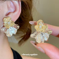 White Openwork Flower and Crystal Cluster Stud Earrings view 4