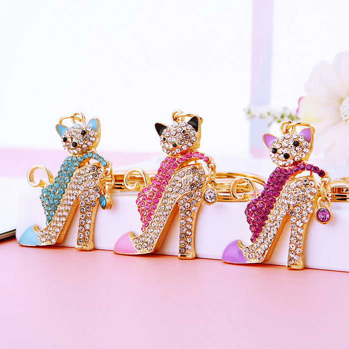 Cat on High Heel Jeweled Keychains in Purple, Pink and Blue