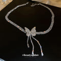 Silver Rhinestone Multi Row Butterfly Tassel Choker Necklace view 2