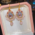 Ornate Crystal Teardrop Earrings With Pink Bead Drops view 2
