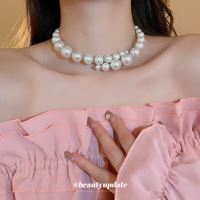 White Graduated Pearl Choker Double Layer Front Necklace