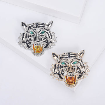 Roaring Tiger Head Brooch in Silver or Gold Tone Crystals
