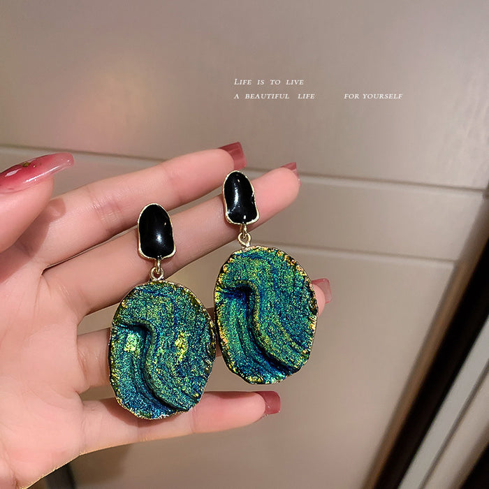 Blue Green Swirl Textured Disc Dangle Statement Earrings