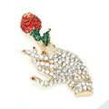 Rhinestone Hand Holding Red Rose Brooch Gold Metal Pin view 3