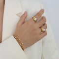 Gold Steel Dome Band Side Pearl Ring Six Size Color Variants view 2