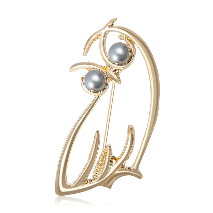 Open Line Owl Brooch With Gray Pearls in Gold or Silver Tone