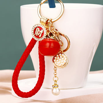 Persimmon Lotus and Pearl Charm Keychain with Braided Wrist Loop