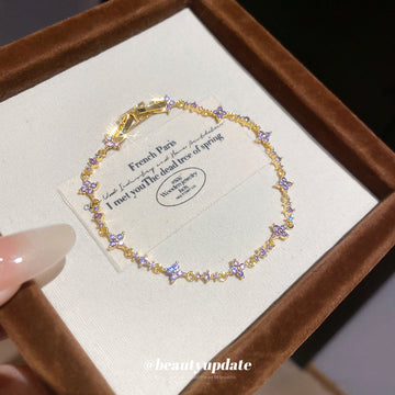 Gold Purple Crystal Flower Link Bracelet Lobster Clasp