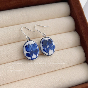 Blue White Ceramic Tulip Oval Drop Earrings Silver Hooks