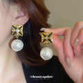 Gold Black Square Stud Earrings with White Pearl Drops view 1